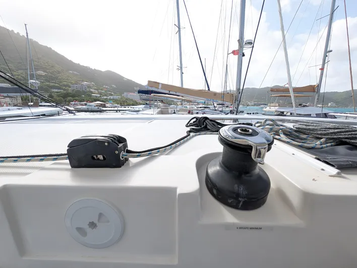 Salty Kiss Yacht Photos Pics Sailing yacht deck view with winch and ropes, Leopard 45 model, 2020.