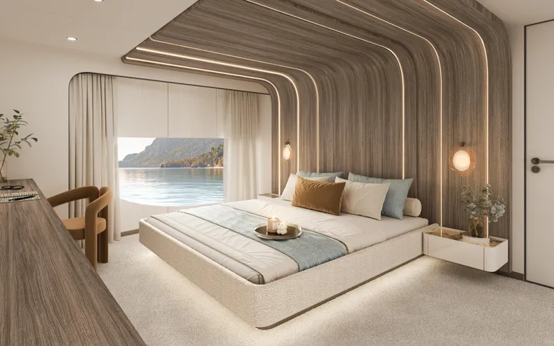  Yacht Photos Pics Luxurious bedroom interior on Sunreef Ultima 88 yacht, 2026, with ocean view and modern design.
