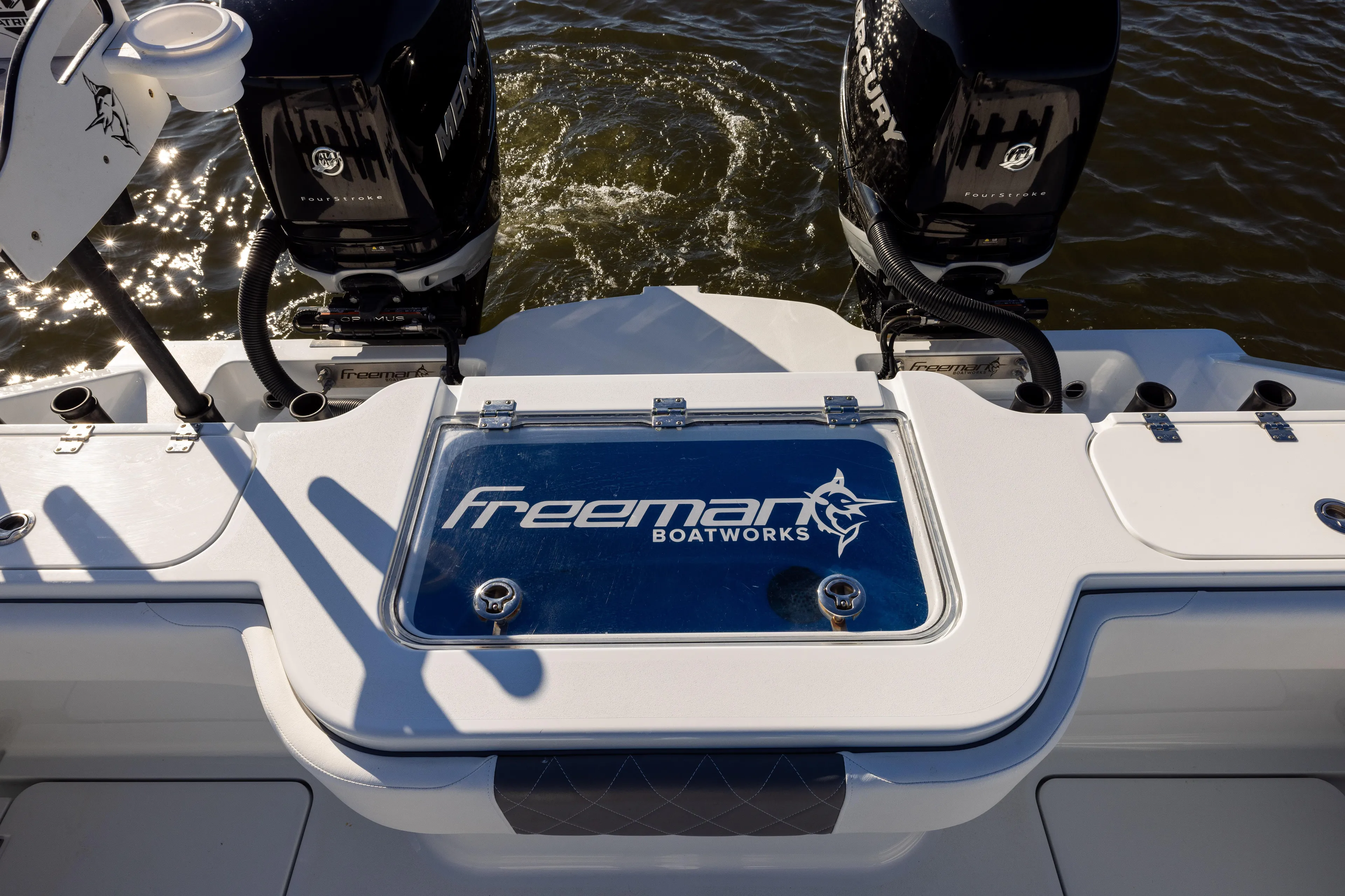  Yacht Photos Pics Freeman 34VH 2023 boat with dual Mercury engines on water.