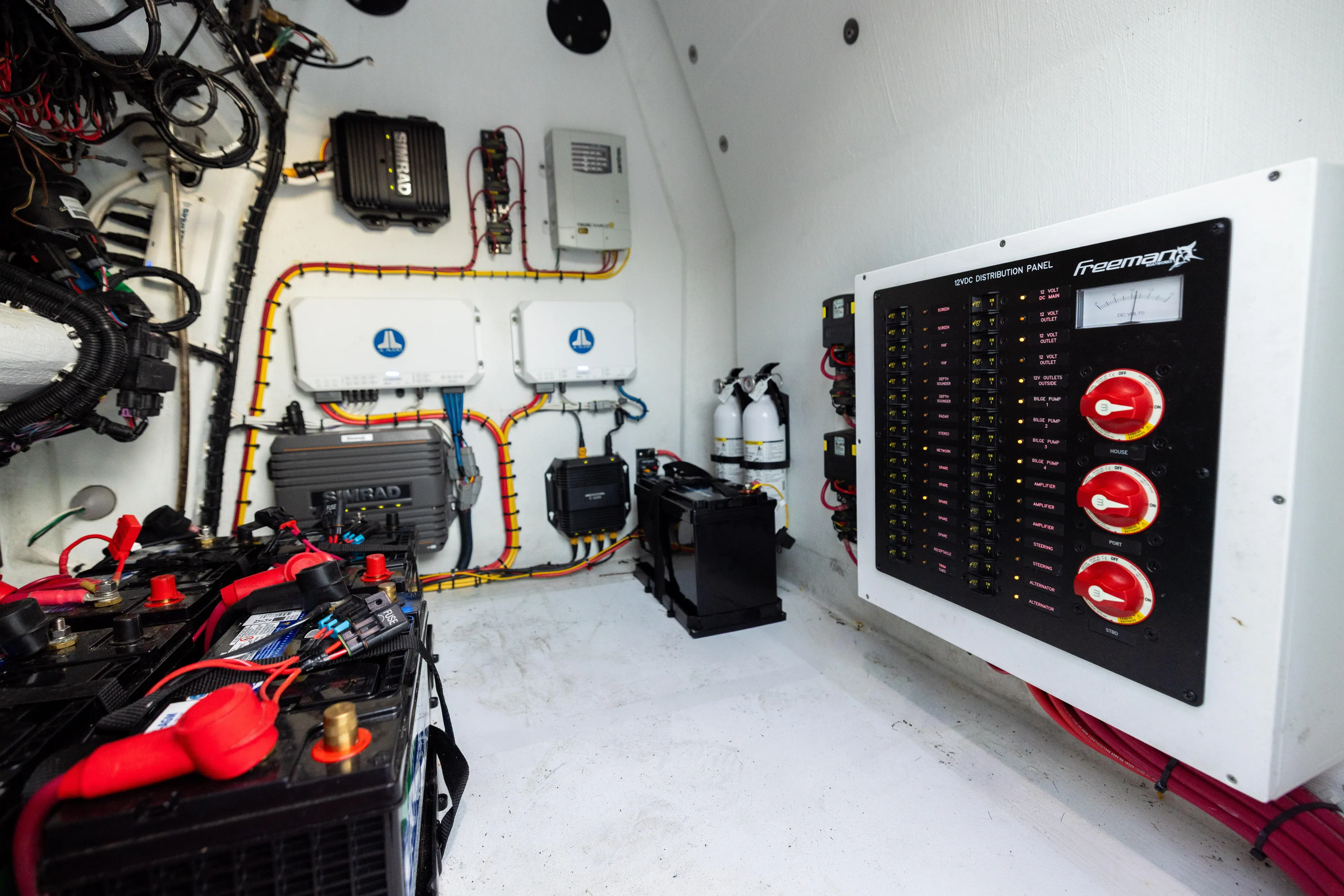  Yacht Photos Pics Electrical system setup in a 2023 Freeman 34VH boat, featuring batteries and control panel.