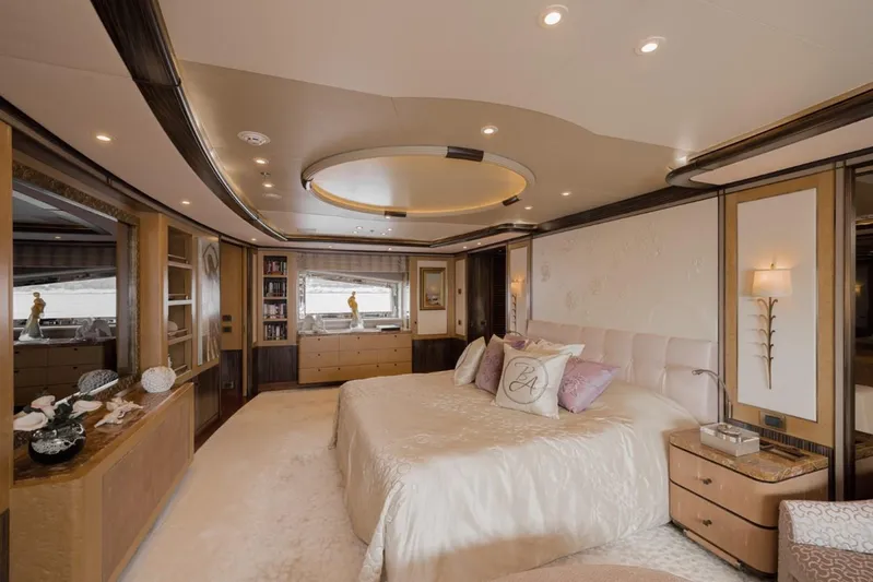 Belle Anna Yacht Photos Pics Luxurious yacht bedroom interior with elegant decor, featuring a large bed and modern lighting, ISA 500, 2012.