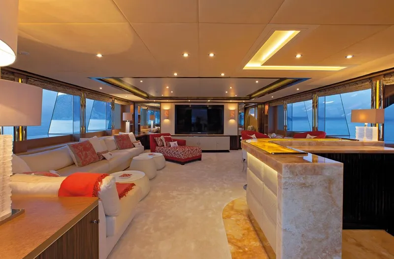 Belle Anna Yacht Photos Pics Luxurious yacht interior with plush seating, ambient lighting, and panoramic windows, ISA 500, 2012 model.