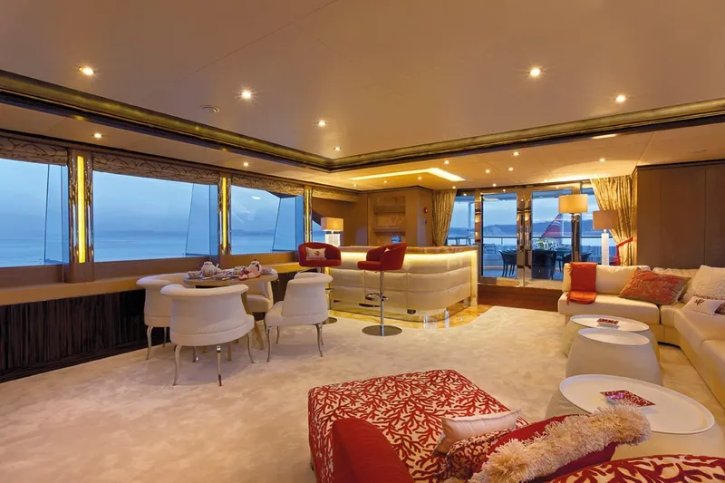 Belle Anna Yacht Photos Pics Luxurious yacht interior with elegant seating, panoramic windows, and modern decor, ISA 500, 2012 model.