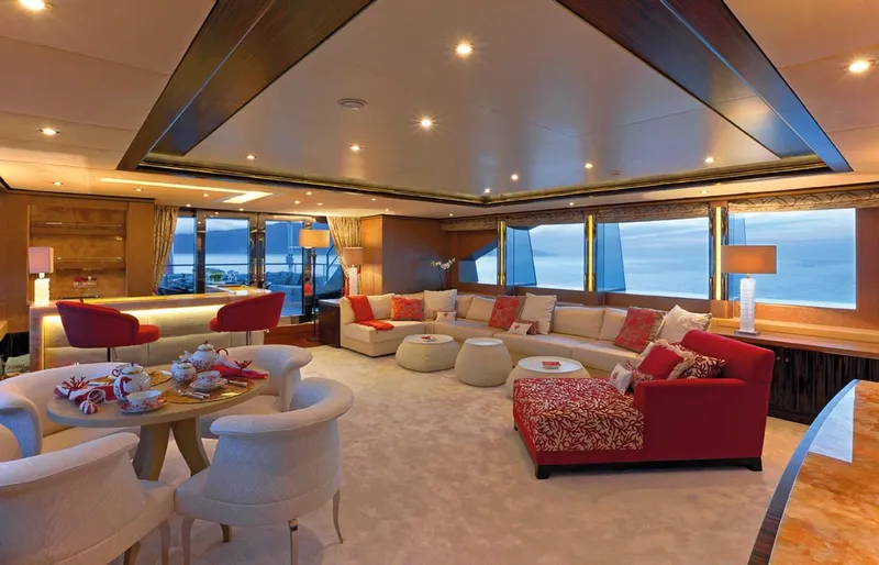Belle Anna Yacht Photos Pics Luxurious yacht interior with elegant seating, modern decor, and ocean views, ISA 500, 2012 model.