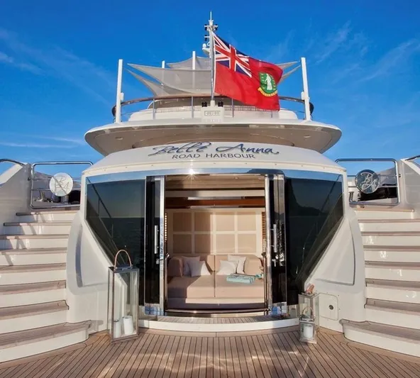 Belle Anna Yacht Photos Pics Luxurious ISA 500 yacht, 2012 model, with elegant deck and plush seating under a clear sky.