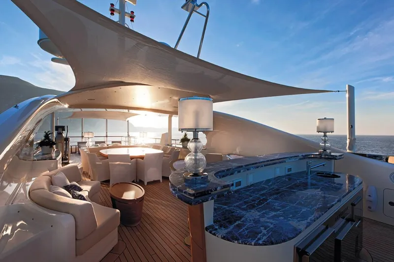 Belle Anna Yacht Photos Pics Luxurious ISA 500 yacht interior with elegant seating and ocean view, 2012 model.