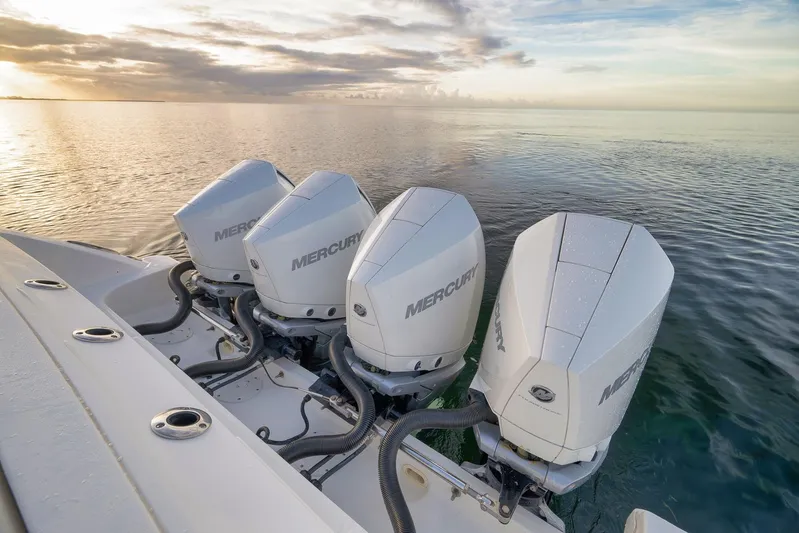  Yacht Photos Pics Four Mercury outboard engines on a 2020 Boston Whaler 380 Realm at sunrise.
