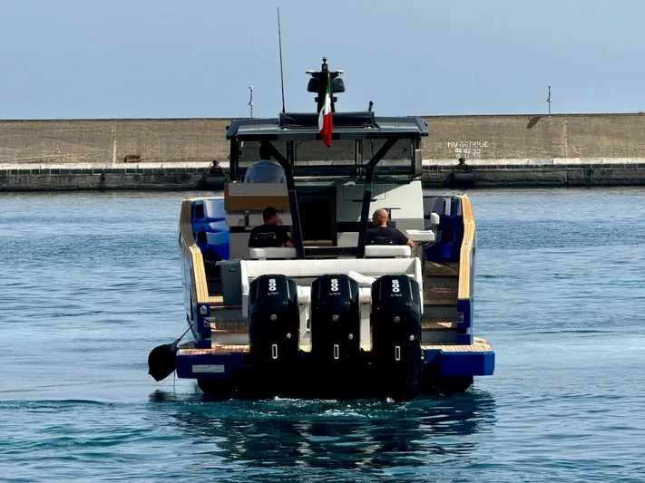  Yacht Photos Pics Aicon Audace 50 yacht, 2025 model, cruising in a harbor.