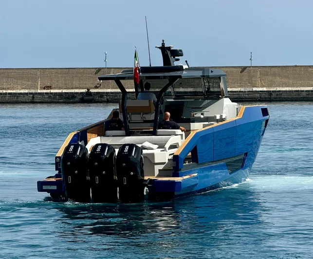  Yacht Photos Pics Aicon Audace 50 yacht, 2025 model, cruising in a harbor with powerful engines.