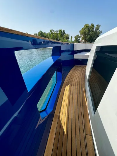  Yacht Photos Pics Aicon Audace 50 yacht deck, 2025 model, featuring sleek design and wooden flooring.