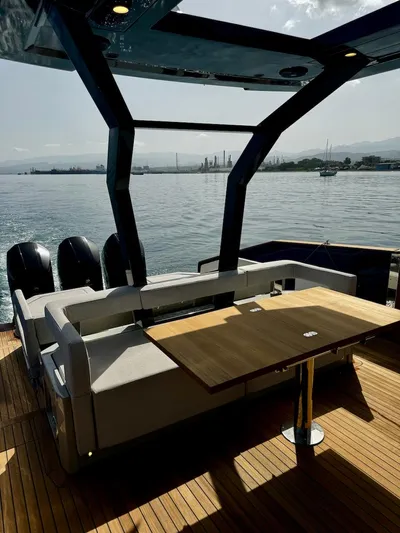  Yacht Photos Pics Luxury Aicon Audace 50 yacht interior, 2025 model, with sleek design and scenic ocean view.