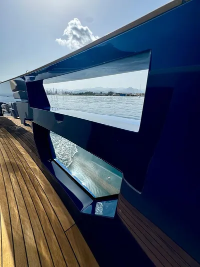  Yacht Photos Pics Aicon Audace 50 yacht, 2025 model, sleek design with wooden deck and ocean view.