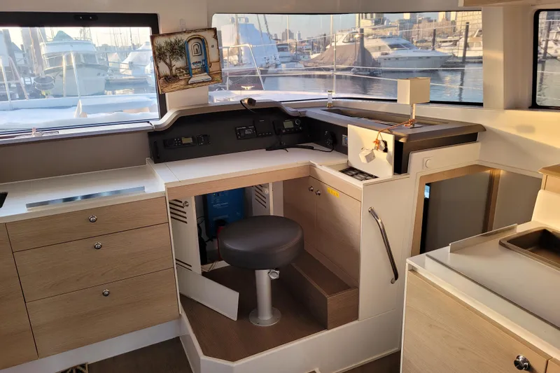  Yacht Photos Pics Modern 2019 Bali 4.3 yacht interior with helm station and marina view.