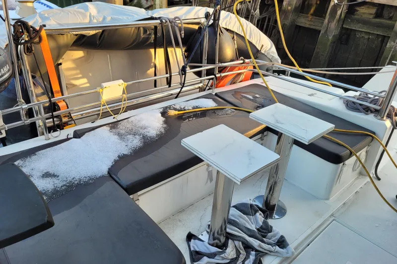  Yacht Photos Pics Bali 4.3 catamaran deck with snow, tables, and equipment, 2019 model.