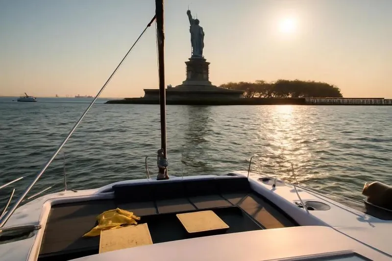  Yacht Photos Pics Bali 4.3 catamaran near Statue of Liberty at sunset, 2019.