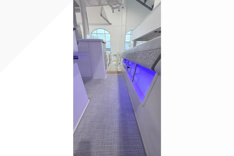  Yacht Photos Pics 2026 Regal 38 SAV interior with modern design and blue LED lighting.