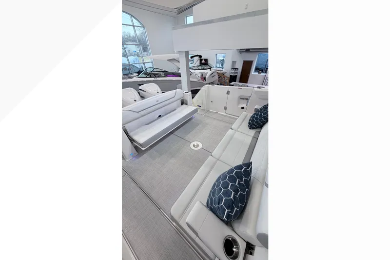  Yacht Photos Pics 2026 Regal 38 SAV boat interior with plush seating and modern design.
