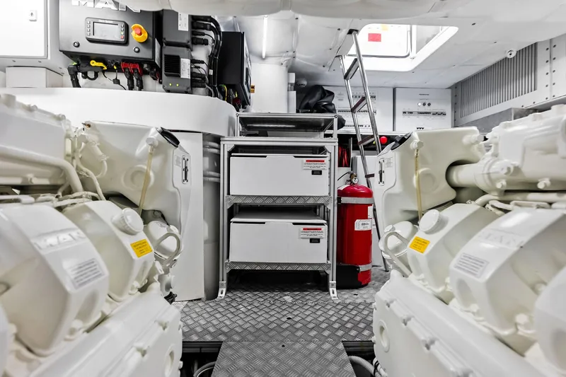  Yacht Photos Pics Engine room of 2024 Pershing 6X yacht with machinery and equipment.