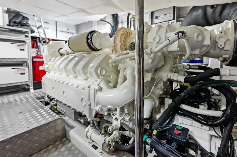  Yacht Photos Pics Engine room of 2024 Pershing 6X yacht, showcasing advanced machinery and components.