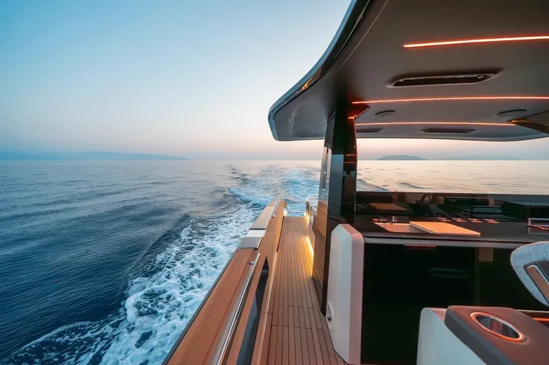  Yacht Photos Pics Luxurious 2025 Invictus TT550 yacht cruising at sunset on open sea.