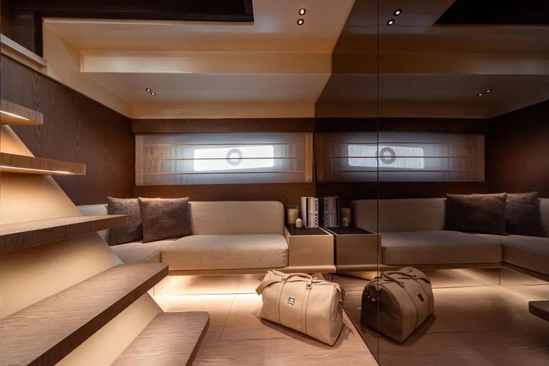  Yacht Photos Pics Luxurious interior of 2025 Invictus TT550 yacht with modern seating and elegant decor.