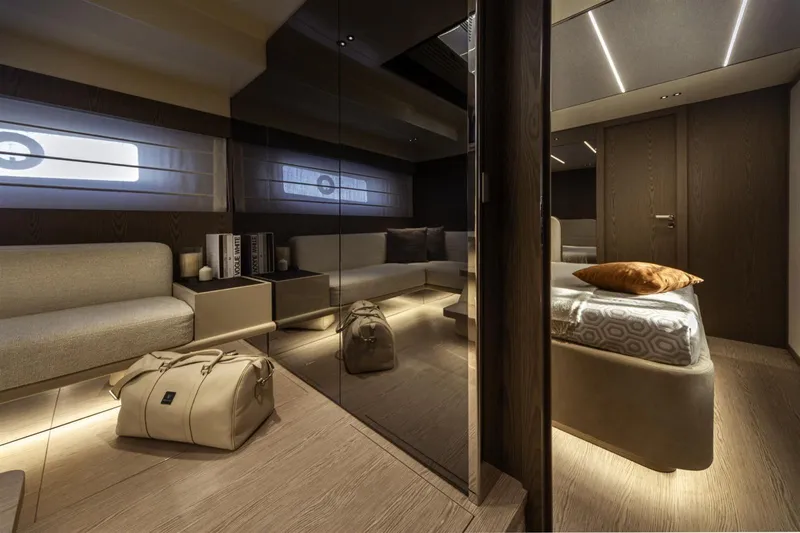  Yacht Photos Pics Luxurious interior of 2025 Invictus TT550 yacht with modern furnishings and ambient lighting.