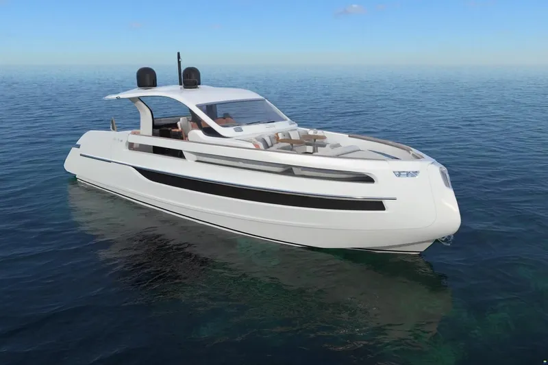  Yacht Photos Pics 2025 Invictus TT550 yacht cruising on calm blue ocean waters.