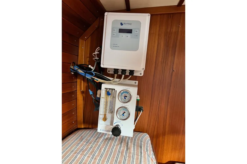  Yacht Photos Pics Control panel and gauges on 1985 Robert Clark Ketch boat interior.