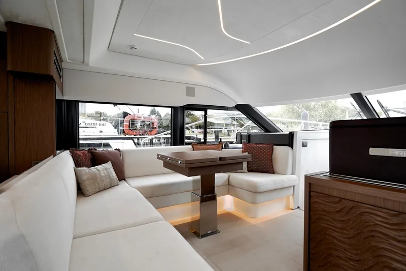  Yacht Photos Pics Luxurious interior of 2026 Prestige F4.9 yacht with modern seating and elegant design.