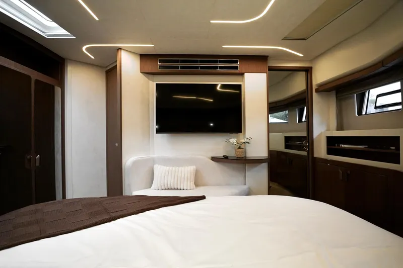  Yacht Photos Pics Luxurious interior of 2026 Prestige F4.9 yacht with modern design and elegant furnishings.