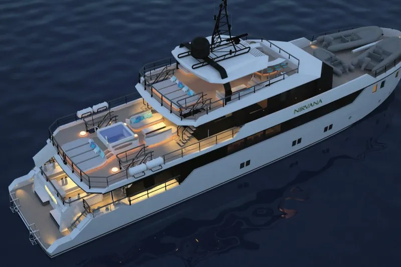 Nirvana Yacht Photos Pics Luxurious custom yacht "Nirvana" on water, 2027 model, with illuminated decks and modern design.
