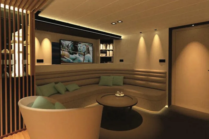 Nirvana Yacht Photos Pics Luxurious modern lounge with cozy seating, ambient lighting, and a large TV screen, 2027 design.