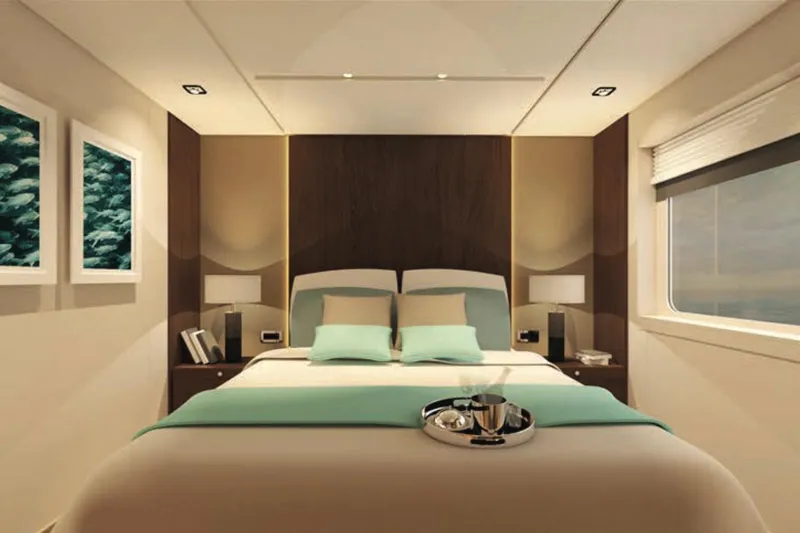 Nirvana Yacht Photos Pics Luxurious modern bedroom with teal accents, custom design, 2027 model.