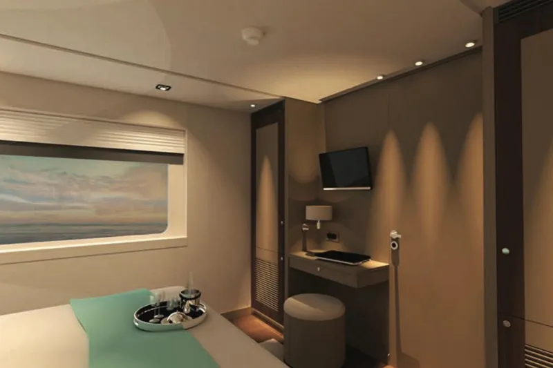 Nirvana Yacht Photos Pics Modern 2027 custom-designed bedroom with ocean view, sleek decor, and ambient lighting.