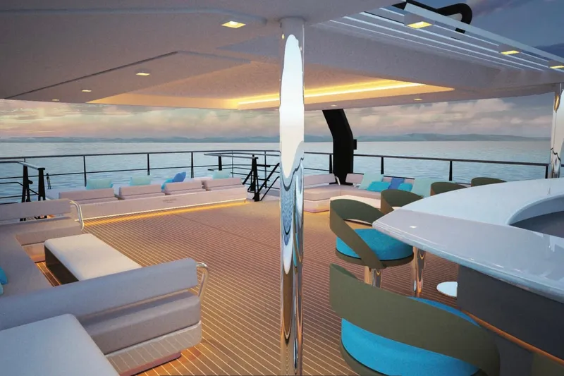 Nirvana Yacht Photos Pics Luxurious yacht deck with modern seating and ocean view, 2027 custom model.