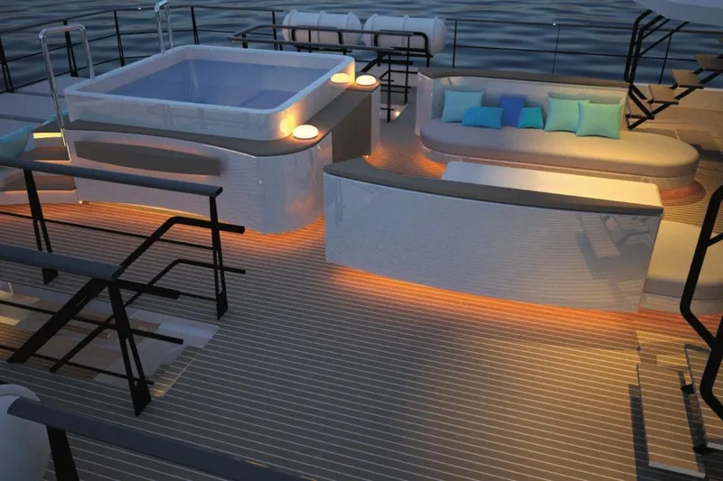 Nirvana Yacht Photos Pics Luxurious yacht deck with hot tub, modern seating, and ambient lighting, 2027 custom design.