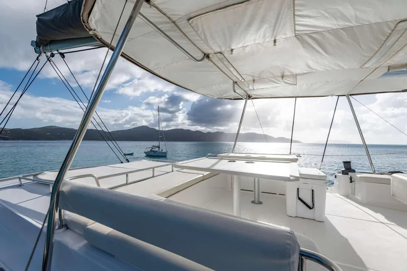 Ad Astra Yacht Photos Pics Luxurious Bali 5.4 catamaran deck with ocean view, 2020 model, under sunny skies.