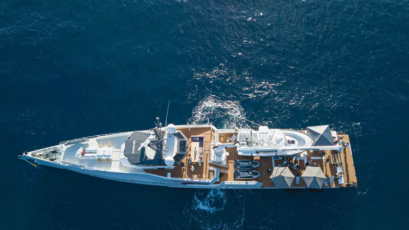 Bad Company Support Yacht Photos Pics Aerial view of 2019 Damen YS 4508 yacht on open sea.