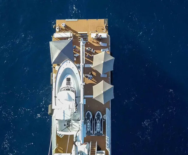Bad Company Support Yacht Photos Pics Aerial view of Damen YS 4508 yacht, 2019, on open sea.