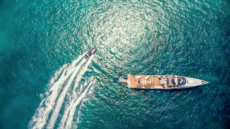 Bad Company Support Yacht Photos Pics Aerial view of Damen YS 4508 yacht with jet skis, 2019.