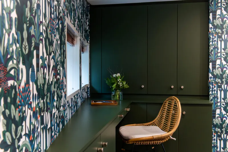 Bad Company Support Yacht Photos Pics Interior with green cabinets and patterned wallpaper, Damen YS 4508, 2019.