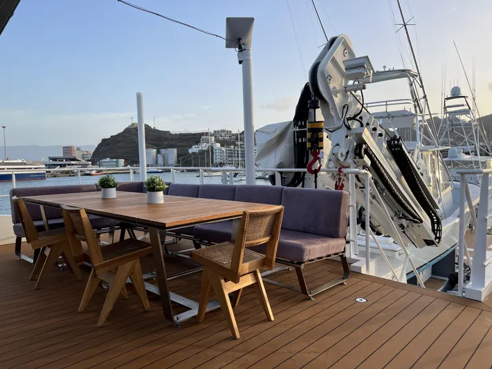 Bad Company Support Yacht Photos Pics Deck of a 2019 Damen YS 4508 with wooden furniture.