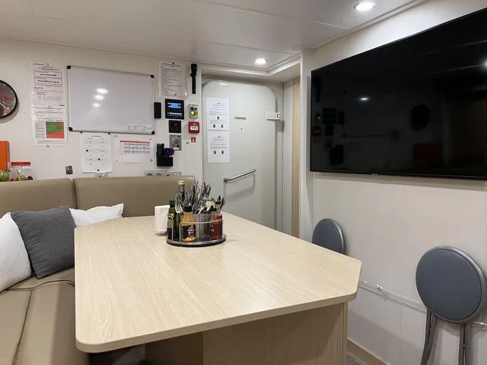 Bad Company Support Yacht Photos Pics Interior of Damen YS 4508 yacht, modern dining area, 2019.