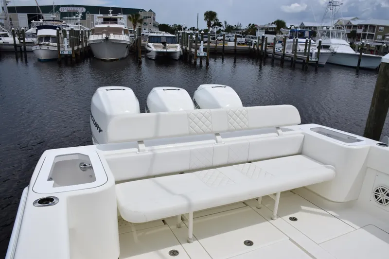  Yacht Photos Pics 2017 SeaVee 370z boat with triple engines docked at marina.