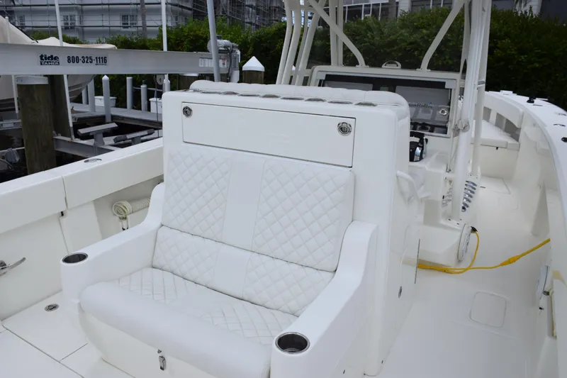  Yacht Photos Pics 2017 SeaVee 370z boat interior with white quilted seating.