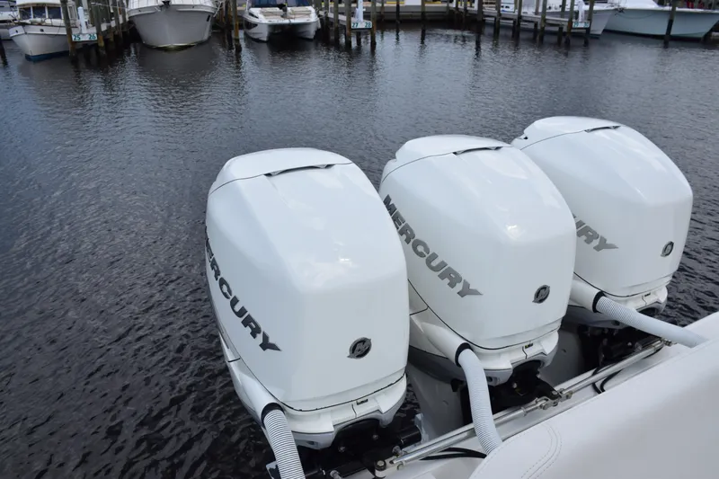  Yacht Photos Pics 2017 SeaVee 370z with triple Mercury outboard engines docked at marina.