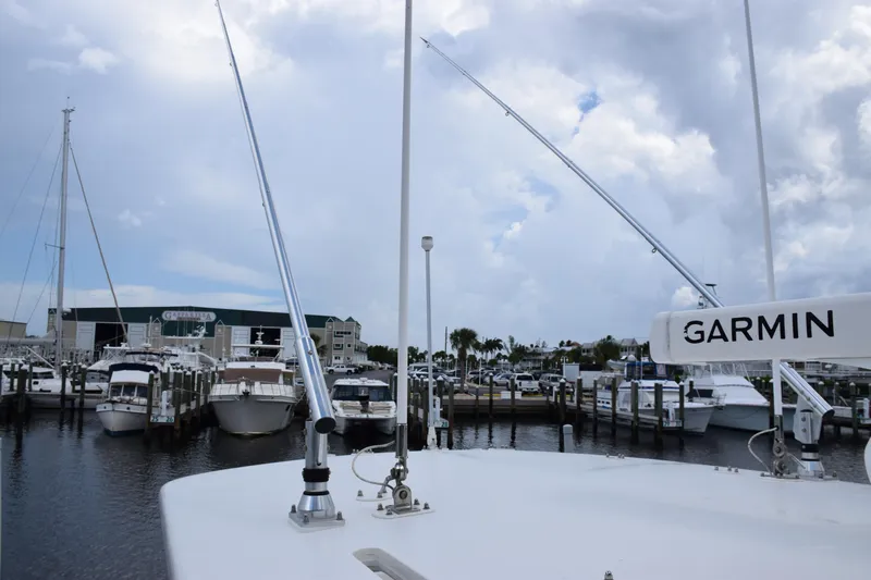  Yacht Photos Pics 2017 SeaVee 370z boat docked at marina with Garmin equipment, cloudy sky.