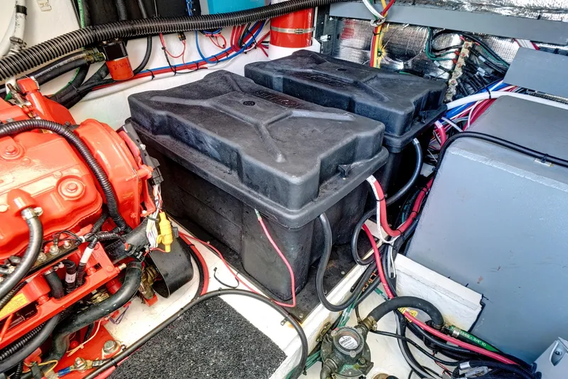 "seadancer" Yacht Photos Pics Engine room of 2022 Regal 38 XO with batteries and wiring.
