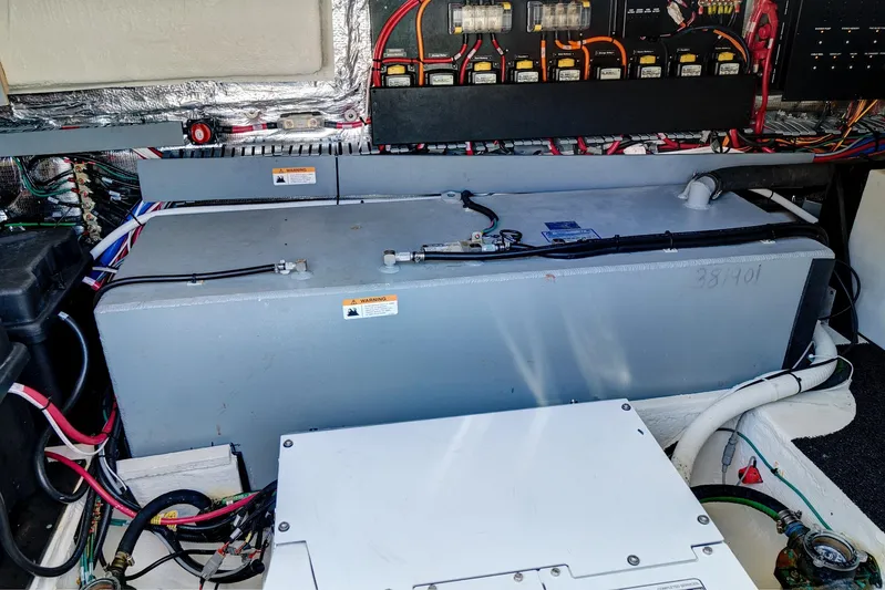 "seadancer" Yacht Photos Pics Engine compartment of 2022 Regal 38 XO boat, showcasing wiring and components.