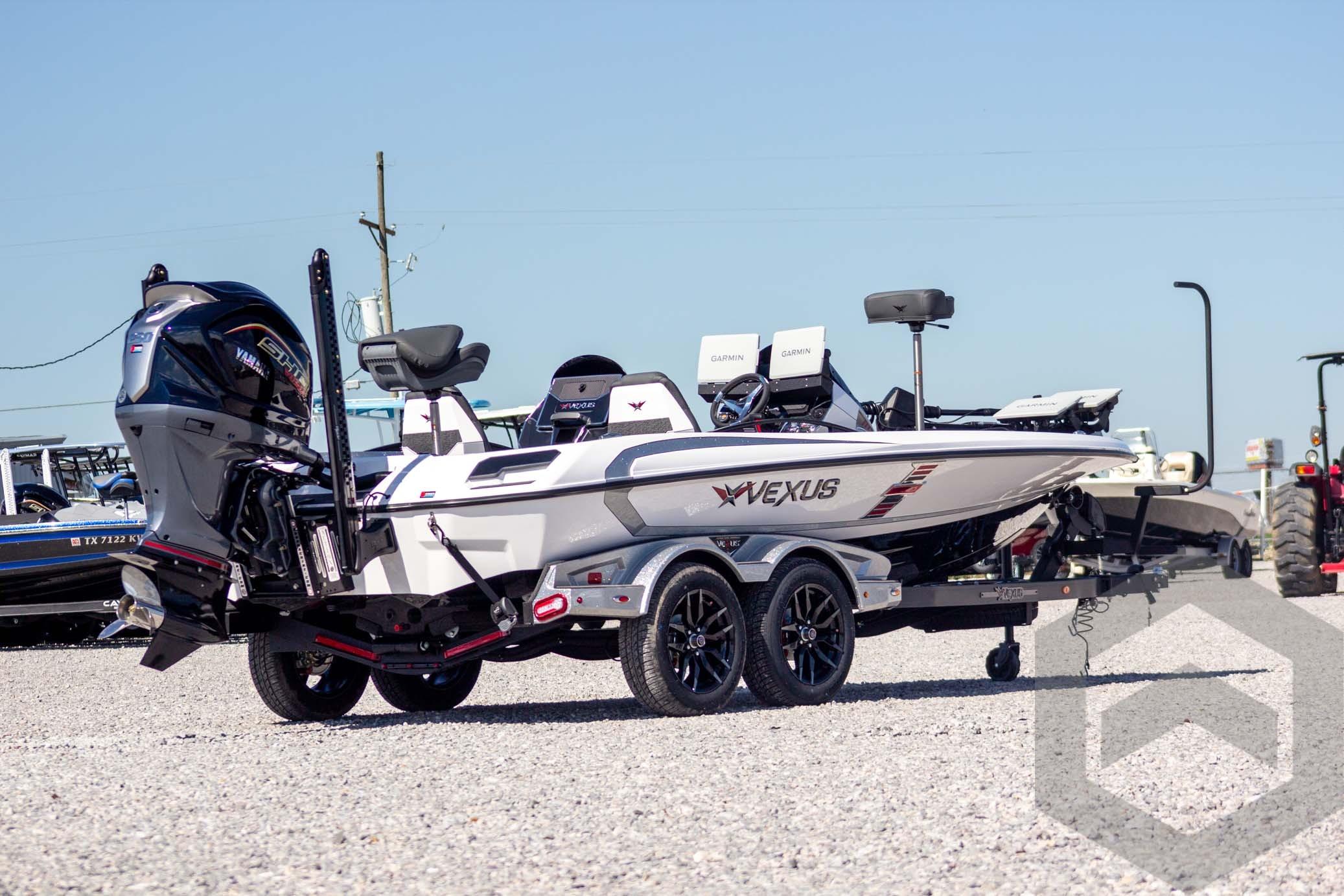 2026 Vexus VXs20 boat on trailer, featuring Yamaha outboard motor, parked on gravel.